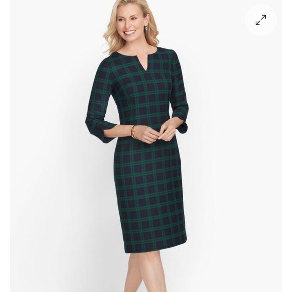 Talbots Dresses & Skirts - Talbots Green Sheath Dress with V-neck and Cuffed Sleeves